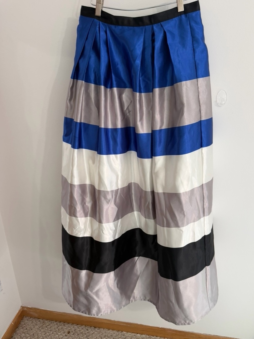 Striped A-Line Midi Skirt in Blue, White, Gray and Black